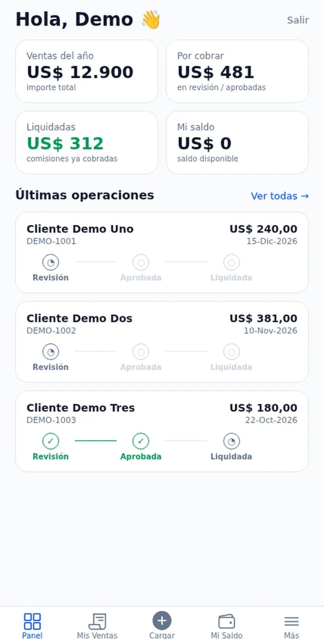 Panel del agente en la app de AgentsPayouts: ventas del año, comisiones por cobrar, liquidadas y saldo